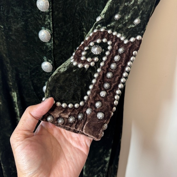 Vintage Double D Ranch Green Velvet Maxi Dress Western Pearl Snap Studded XS - Picture 8 of 16